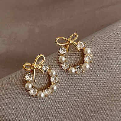   fashion rhinestone imitation pearl round bow knot earrings for women - Thumbnail 2