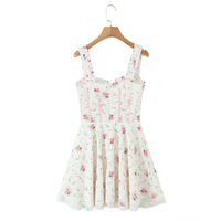 Bow Heart Pocket Herringbone Waist Rose Print Dress - Thumbnail 1