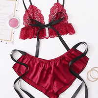 2 Piece Pajama Sets Lingerie Solid Color Bow Bandage Bra and Shorts Sexy  - Thumbnail 1