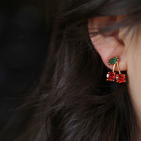New Fashion Cute Red Cherry Stud Earrings Fashion Charm Crystal Party Birthday Holiday Gift - Thumbnail 3