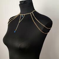 Handmade Gold Shoulder Chain With Blue Heart Charms - Thumbnail 3