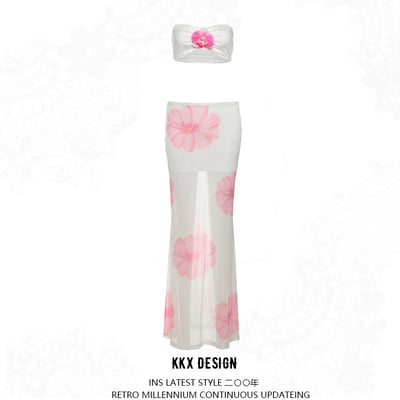 Fashionable sexy high waisted mesh printed skirt suit