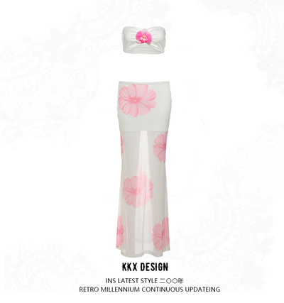 Fashionable sexy high waisted mesh printed skirt suit