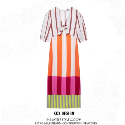 Street fashion striped color block slit dress