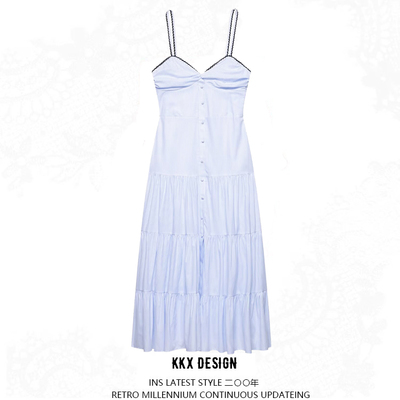 Temperamental and fashionable striped midi suspender dress