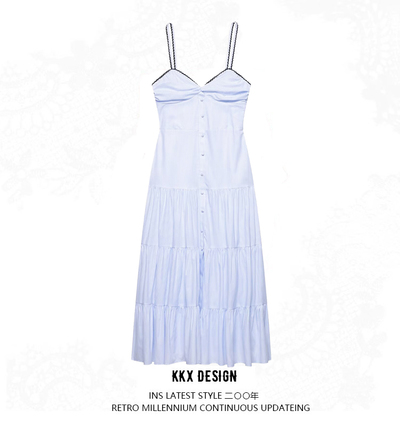Temperamental and fashionable striped midi suspender dress