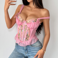 Mesh embroidery splicing mesh pleated herringbone steel ring bow waist vest - Thumbnail 1