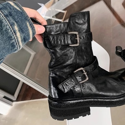 Women's cowhide belt buckle martin boots 2 colors - Thumbnail 5