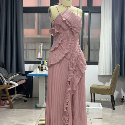 Women elegant neck strap ruffles evening gown backless party dress