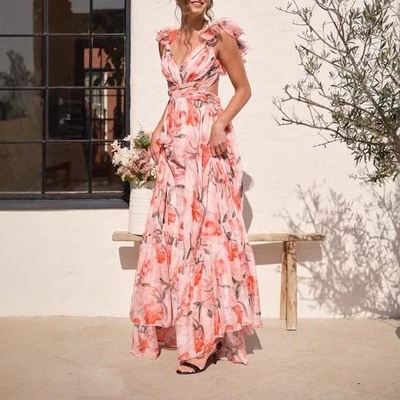  summer floral print chiffon long dress elegant high waist pleated women party dress