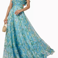  Summer Floral Print Chiffon Long Dress Elegant High Waist Pleated Women Party Dress - Thumbnail 4