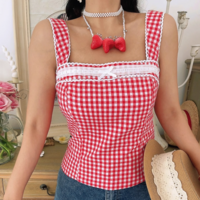 Retro style cute bow check lace patchwork slim fit top - Thumbnail 6
