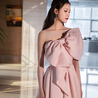  New Single Shoulder Wedding Toast Dress, Engagement Bow Style, Student Graduation Host Evening Dress - Thumbnail 2