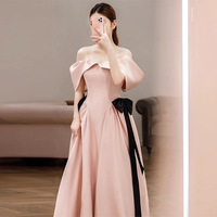 Summer One shoulder French banquet evening gown wedding dress pink satin bridal toast dress - Thumbnail 2