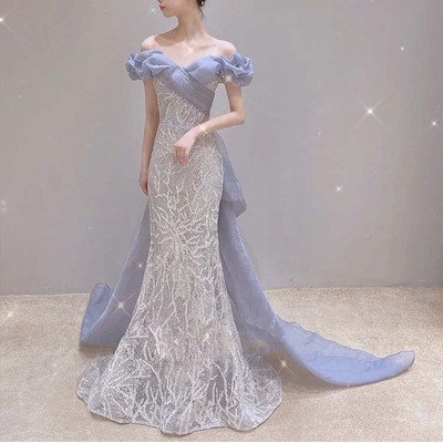 Fish tail evening dress 2025 summer one shoulder sequin fairy temperament bride toast dress party host dress dress