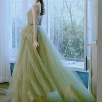 Evening Dress Female 2025 New Green Forest Style Student Art Exam Graduation Host Dress - Thumbnail 4