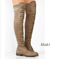 Lace-up Knee High Boots Zipper Low Boots - Thumbnail 1