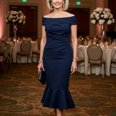 Elegant sheath navy blue ankle-length mother of the bride/ groom dresses formal evening dress - Thumbnail 2