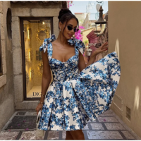 Vintage Blue Floral Lace-Up A-Line Dress - Thumbnail 1