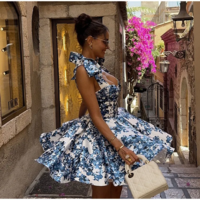 Vintage Blue Floral Lace-Up A-Line Dress - Thumbnail 4