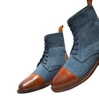 Crafted Leather Handmade Men Brown Tweed Leather Ankle High Lace up Boot - Thumbnail 1