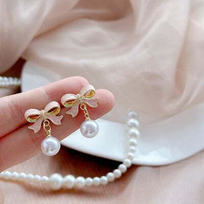 Women fashion elegant pink bow with pearl studs earring /ear clips