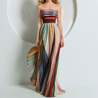  Women Sleeveless Colorful Stripes Maxi Dress - Thumbnail 1