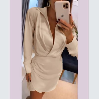 Fashion Solid Color V-Neck Long Sleeved Dress