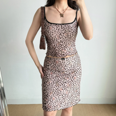 Sexy leopard print sling + hip skirt suit women's summer two-piece suit