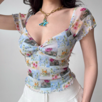 Retro low-cut printed mesh top for women V-neck short-sleeved T-shirt - Thumbnail 2