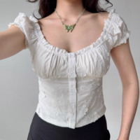 Retro Puff Sleeve Embroidery White Shirt Women's Summer U-neck Short Sleeve Slim Fit Top - Thumbnail 3