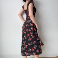 Vintage Rose Print Low Cut Fitted Dress Holiday Maxi Dress - Thumbnail 1