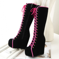 Platform Lace up Fashion Knee High Boots - Thumbnail 3