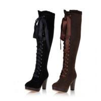 Women's Thigh High Lace-Up Boots in Black and Brown - Thumbnail 4