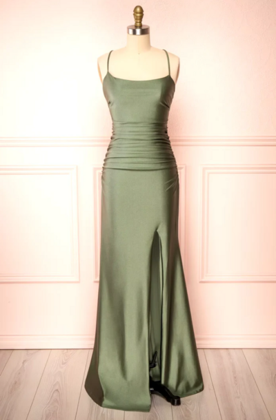 Modest Sheath Olive Green Backless Prom Dresses