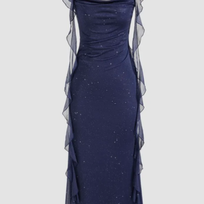 Simple cowl neck sequin ruffle navy blue evening dress - Thumbnail 1