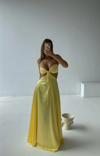 Sexy Yellow Strapless Satin Simple A-Line Long Prom Dress