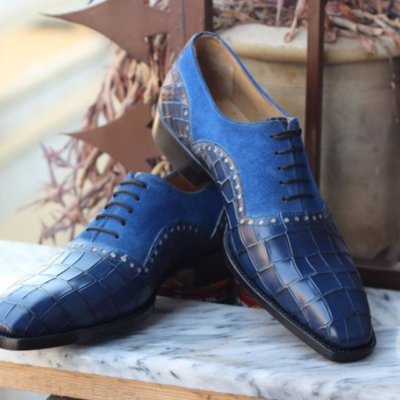 Crafted leather classic and luxury blue suede crocodile/alligator oxford lace up dress shoes