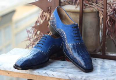 Crafted Leather Classic and Luxury Blue Suede Crocodile/Alligator Oxford Lace up Dress Shoes