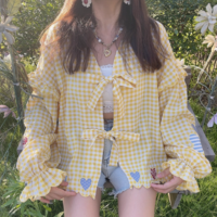 Fashionable and simple heart check embroidered lace-up shirt - Thumbnail 7