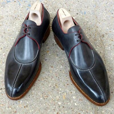 Handmade Men's Grey Black Polishing Splt Toe Lace Up Shoes