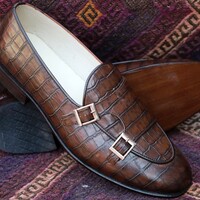 Crafted Leather Classic Brown Crocodile Leather Alligator Loafers Double Monk Strap Dress Shoes - Thumbnail 2