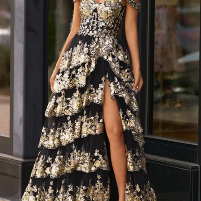 Sparkly off the shoulder black tulle slit prom dress with lace appliques 