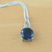  BOXED GIFT /925 Sapphire (Lab Created) Solitaire Pendant & Chain/Sapphire Jewelry/Silver Sapphire Necklace/Sapphire Pendant/Sapphire Gift/UK - Thumbnail 1
