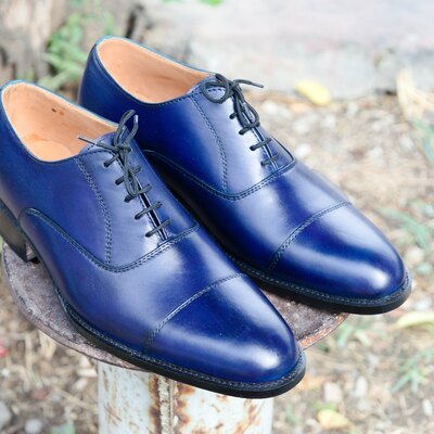 Crafted leather handmade men classic blue leather lace up oxford dress shoes