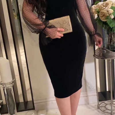 Elegant lantern sleeve mesh patchwork bodycon midi formal prom dress