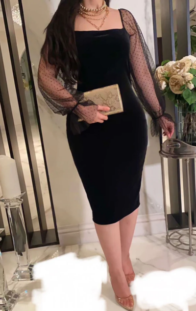 Elegant Lantern Sleeve Mesh Patchwork Bodycon Midi Formal Prom Dress