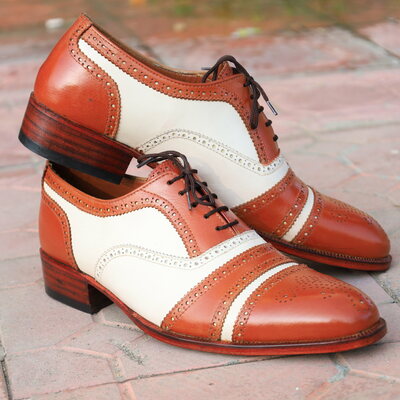 Crafted leather handmade men classic brown white leather oxford dress shoes
