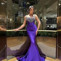 Purple Sheath Prom Dresses Beading Crystals Evening Gowns Formal Party Gowns - Thumbnail 4