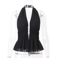 Sexy solid color backless strappy hollow slim halter neck top - Thumbnail 3